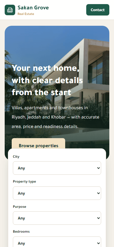 Real-estate company website — Sakan Grove Real Estate (Mobile)